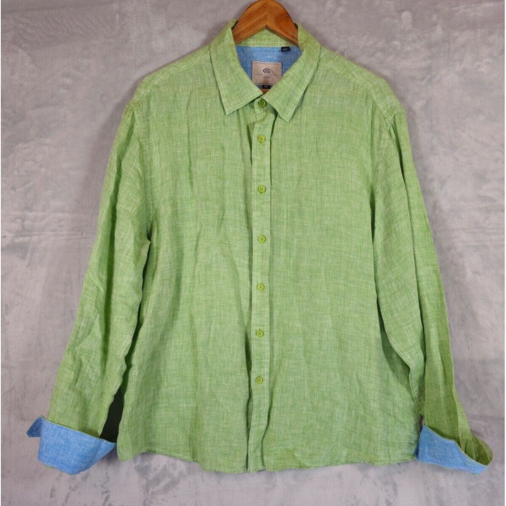Report Collection Resort Men's‎ XXL Green 100% Linen Button Up Shirt Flip Cuff